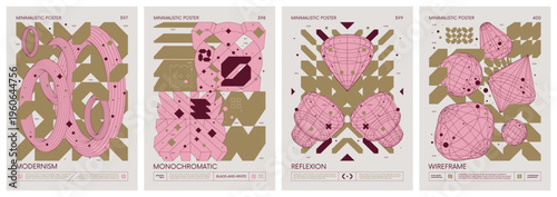 Brutalism style vector minimalistic Posters with silhouette postmodern figures, Futuristic abstract graphic wireframe elements of geometric shapes rave composition, Trendy color print artwork set 100
