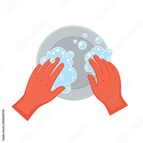 Hands in red gloves washing a plate with soap bubbles, hygiene concept