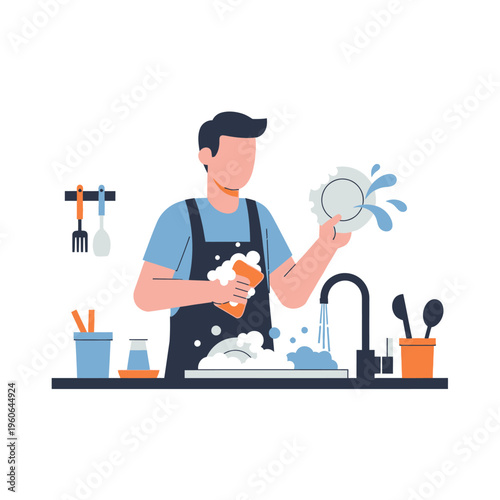 Man washing dishes in kitchen sink with sponge and soap suds, daily chores illustration