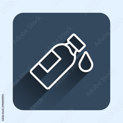 White line Bottle of water icon isolated with long shadow background. Soda aqua drink sign. Blue square button. Vector