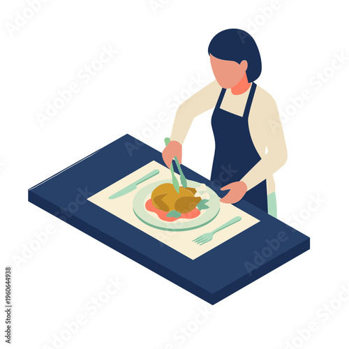 Woman serves roasted chicken on plate with utensils on table indoors