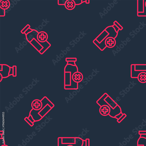 Red line Lactose intolerance icon isolated seamless pattern on black background. Not allow milk. Allergy concept, lactose intolerance allergy warning sign. Vector