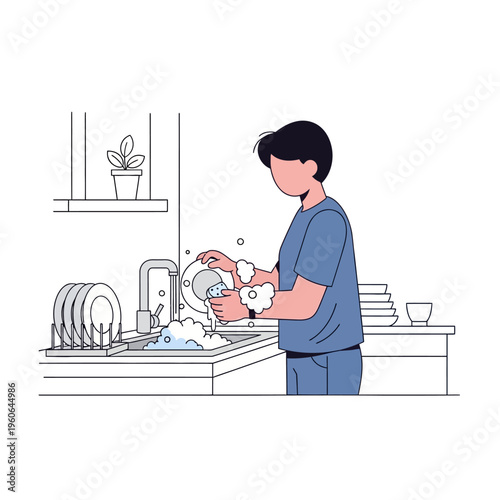 Man washing dishes in kitchen sink, daily chores, domestic hygiene, illustration