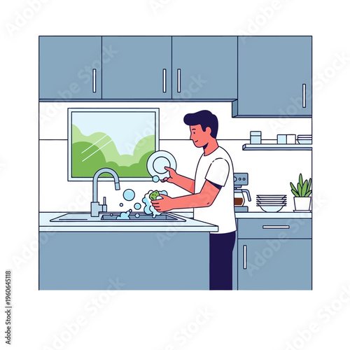 Man washing dishes in modern kitchen with sink, window view and cabinets