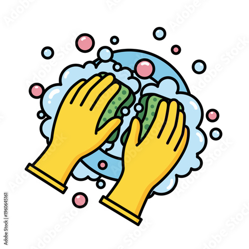 Hands in yellow gloves washing dishes with sponges and soap bubbles