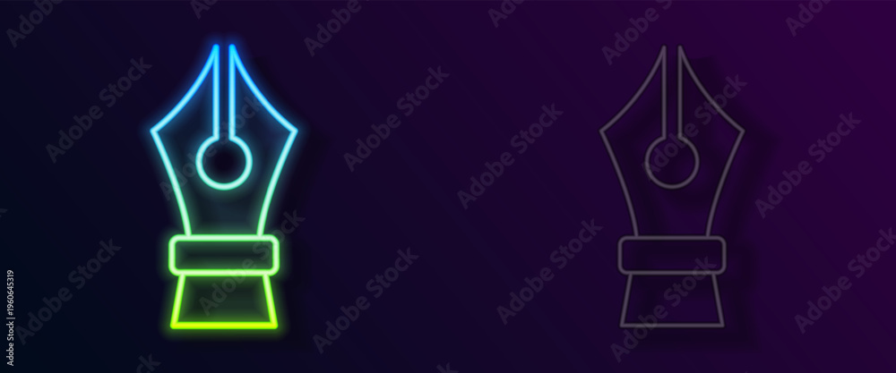 Fototapeta premium Glowing neon line Fountain pen nib icon isolated on black background. Pen tool sign. Vector