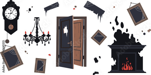 Haunted house interior elements flat vector illustration spooky door fireplace chandelier clock and broken frames horror scene design set