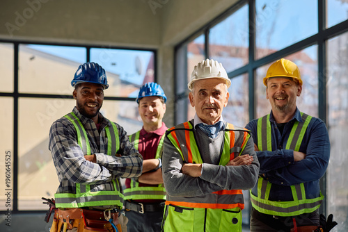 Принти на полотні Senior project manager and his workers standing with arms crossed at construction site and looking at camera