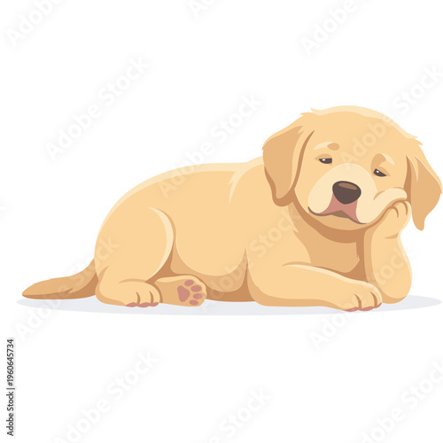 A bored dog lies on the ground looking up