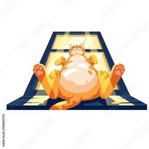 An orange cat stretching on a windowsill in a sunny room