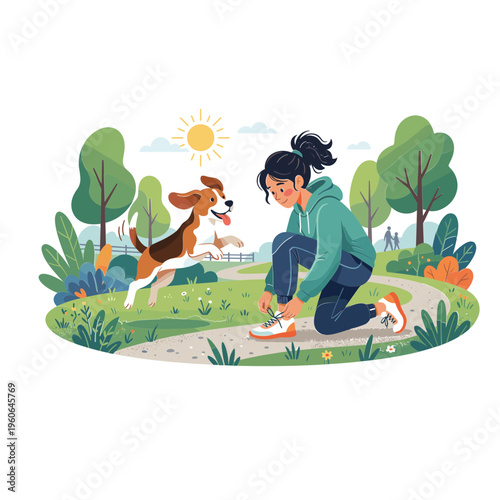 Woman ties her shoelace while a dog runs towards her on a sunny park path.