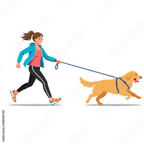 Woman jogging with dog on leash outdoors in park