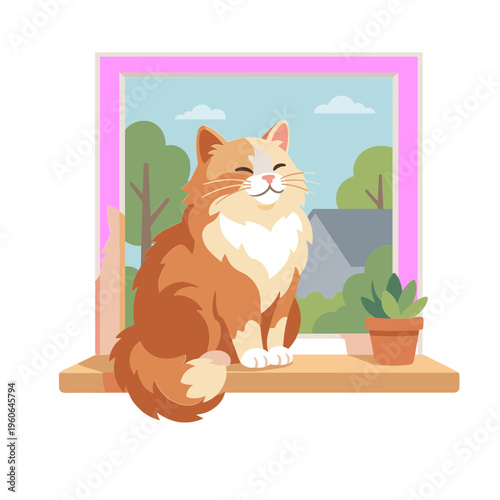A cute orange cat sits on a windowsill looking outside at trees and a house with a potted plant nearby.
