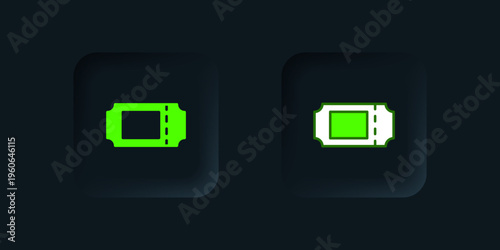 Green Cinema ticket icon isolated on black background. Black square button. Vector