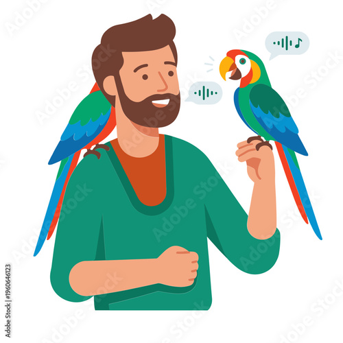 A man happily interacts with colorful parrots on his arm and shoulder indoors.