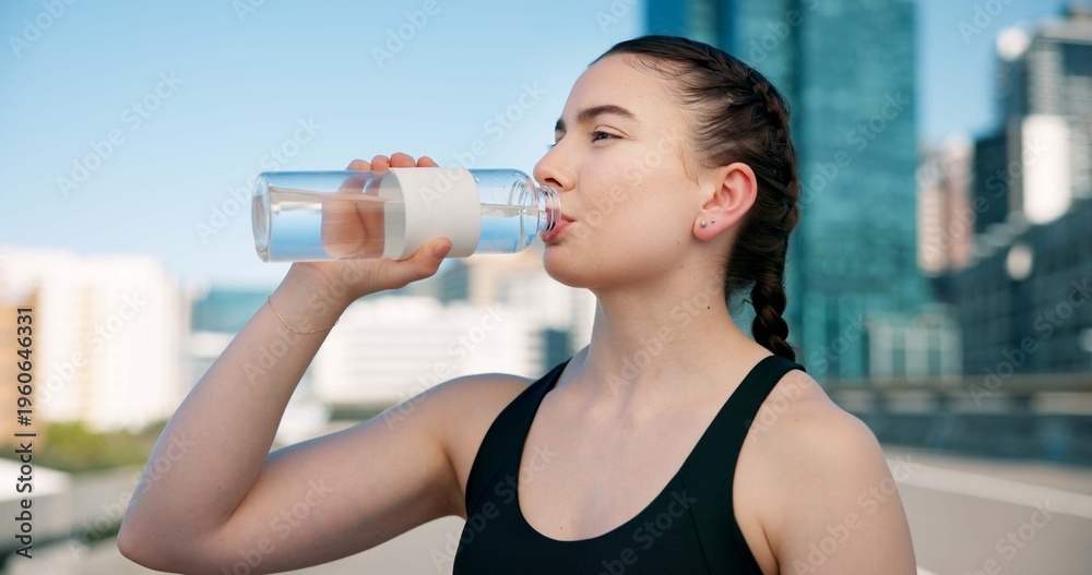 Fototapeta premium Woman, fitness or drinking with water bottle for hydration, sustainability or thirst in city. Active, female person or runner with mineral liquid or beverage for break, rest or recovery in urban town