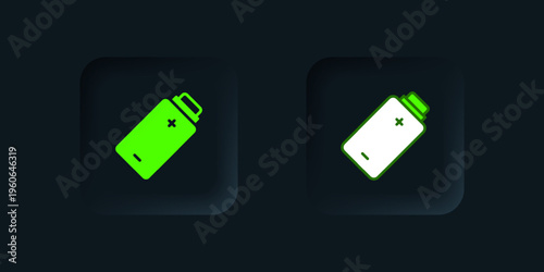 Green Battery charge level indicator icon isolated on black background. Black square button. Vector