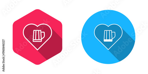 Filled and outline Heart with glass of beer icon isolated with long shadow background. Vector