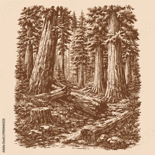 Sequoia National Park Landscape with Giant Trees and Fallen Logs