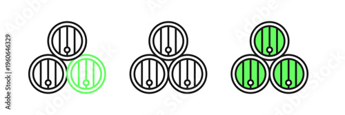 Set line Wooden barrel icon isolated on white background. Alcohol barrel, drink container, wooden keg for beer, whiskey, wine. Vector