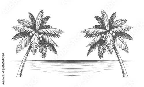 Two palm trees with coconuts stand beside a stylized ocean water