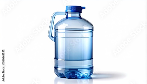 Large, clear plastic jug filled with water, blue cap and handle, against white