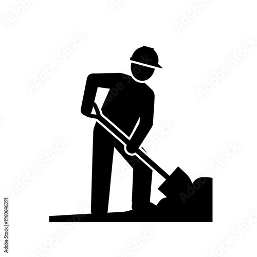 Construction worker digging with shovel, silhouette icon, hard hat, outdoor work, manual labor