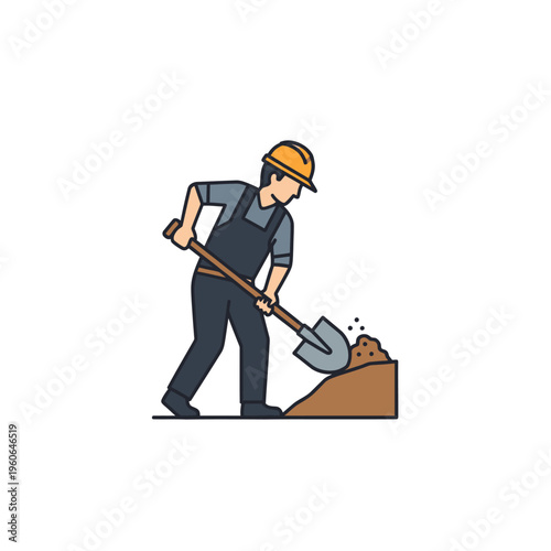 Construction worker digging with shovel, wearing hard hat and overalls, isolated on white background