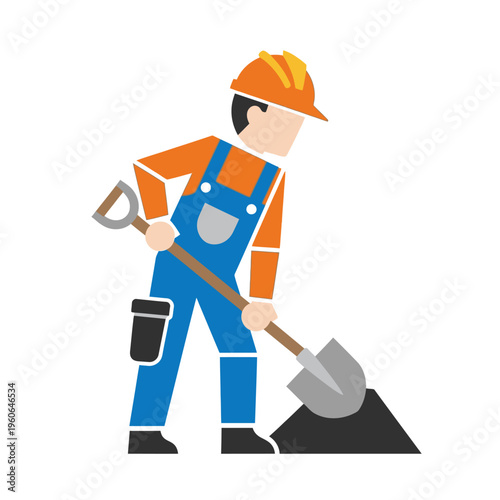 Construction worker digging with shovel, wearing hard hat and overalls, industrial labor concept