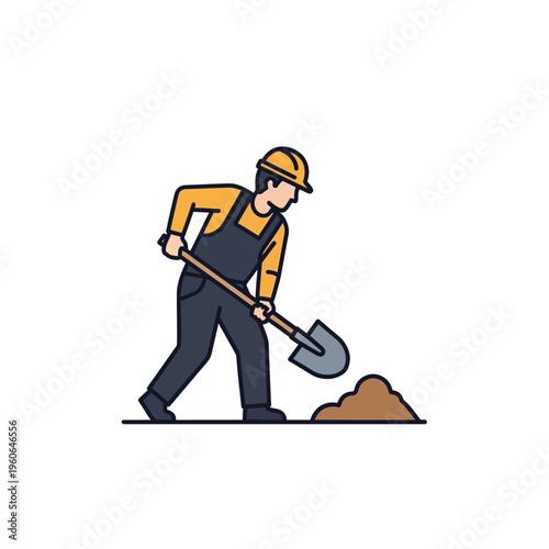 Construction worker digging with shovel, wearing hard hat and overalls, isolated on white background