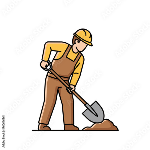 Construction worker digging with shovel, wearing hard hat and overalls, manual labor, outdoor scene