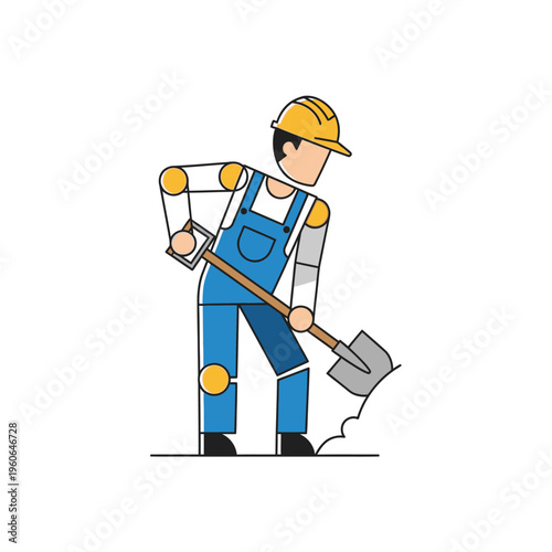 Construction worker in blue overalls and yellow helmet digging with shovel