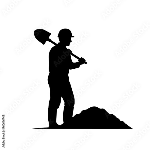 Construction worker silhouette with shovel on pile of dirt, ready for work