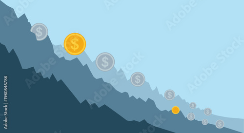 Financial market decline and economic recession vector illustration with money coins falling down a jagged chart, representing business loss.