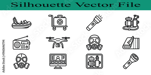 Collection of various icons including gas mask computer and radio  isolated on white background
