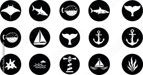 Nautical Marine Circle Icons Set with Stingray Shark Anchors Sailboat Lighthouse Waves and Ocean Symbols Flat Vector Illustration Collection
