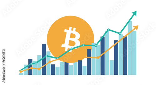 Bitcoin cryptocurrency growth chart with rising trend line and upward arrow, representing financial success and investment.