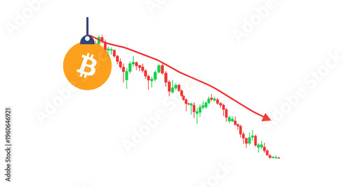 Bitcoin cryptocurrency price chart falling down, concept of financial crisis and market crash, isolated on white background