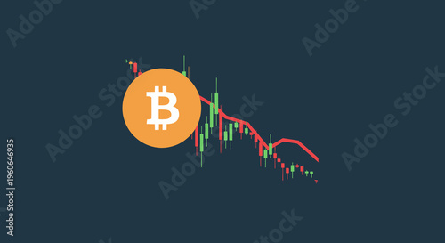 Bitcoin cryptocurrency price chart falling down with a red line, representing a market crash and economic crisis