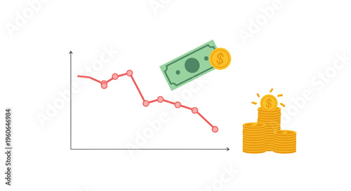 Illustration of a downward trending graph with money falling and a stack of coins