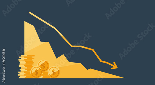 Financial crisis and economic recession, stock market crash with falling graph and coins, business downturn concept.