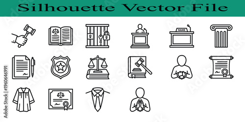 Set of law and justice icons in black silhouette on white background