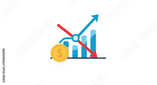 Business financial growth and decline concept with upward and downward trending bar graph, dollar coin representing investment, profit, and loss in market economy analysis.