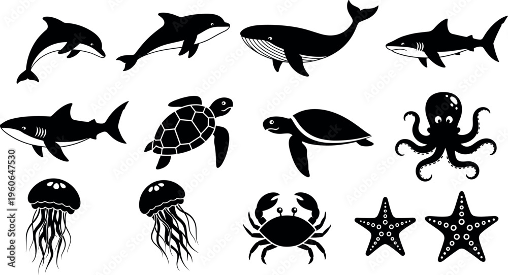 Fototapeta premium Marine Animals Silhouette Set with Dolphin Whale Shark Turtle Octopus Jellyfish Crab and Starfish Black Vector Illustration Collection