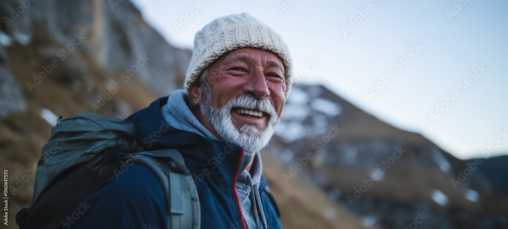 Fototapeta premium Old Man Hiker on Mountain Trail
