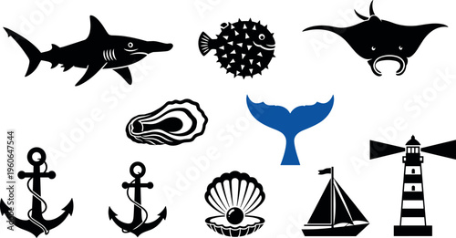 Marine Nautical Silhouette Icons Set with Shark Stingray Anchors Lighthouse Sailboat Shells and Ocean Elements Black Vector Illustration Collection