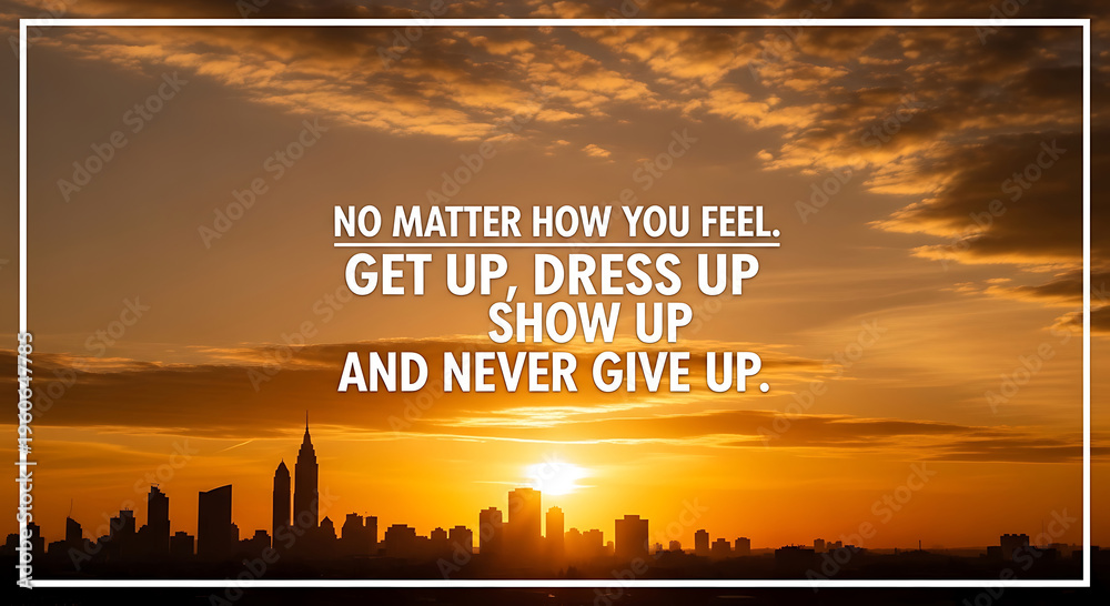 Obraz premium Inspirational cityscape at sunset with motivational quote overlay