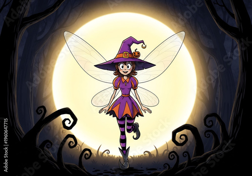 ハロウィンの夜、月光に照らされた紫色の魔女の妖精のイラスト