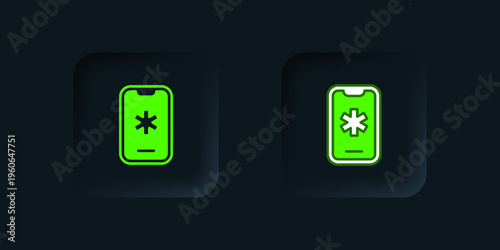 Green Telephone with emergency call 911 icon isolated on black background. Police, ambulance, fire department, call, phone. Black square button. Vector