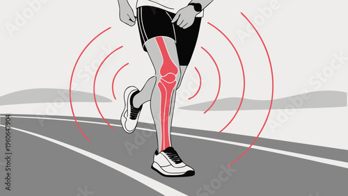 "A professional, high-resolution commercial photograph of a runner experiencing acute joint pain, shown from a mid-thigh to mid-calf perspective on an outdoor asphalt road. The image features a high-t